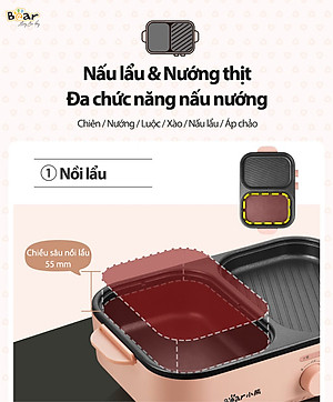 Nồi Lẩu Điện Mini, Nồi Lẩu Nướng Bear DKL-C12D1 Dung Tích 1.2 Lít Công Suất 1200 W - Hàng Nhập Khẩu
