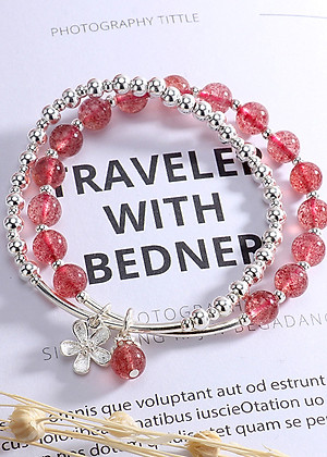 Vòng tay 2 line đá thạch anh dâu phối charm hoa bạc mệnh hỏa, thổ - Ngọc Quý Gemstones