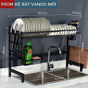 Kệ chén bát đa năng VANDO kích thước 1 tầng 95cm bằng thép carbon cao cấp không gỉ, giá để bát trên bồn rửa ráo nước cho nhà bếp sạch sẽ