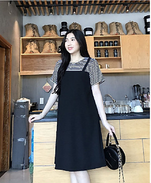 Đầm bầu yếm liền áo kẻ đen AZ03203
