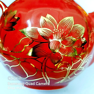 Bộ ấm chén Bát Tràng cao cấp mẫu đơn đỏ vẽ sen vàng