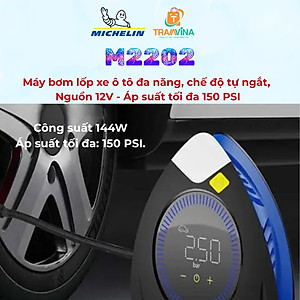 Michelin M2202 - Máy bơm lốp xe ô tô đa năng, chế độ tự ngắt, nguồn sạc 12V, công suất 144W - Hàng Chính Hãng