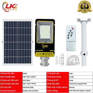 Đèn Đường Led Năng Lượng Mặt Trời Siêu Sáng 100W CHÍNH HÃNG- LK SOLAR LD-44100, Sử dụng 100% năng lượng mặt trời, lắp đặt ngoài sân, đường phố, trang trại, cảm biến ánh sáng, có remote điều khiển