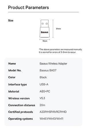 Usb Blueeoth 5.3 Tốc Độ Cao Kết Nối 5 Thiết Bị Cùng Lúc Baseus BA07 Bluetooth Receiver Dùng Cho Win 8.1 Trở Lên - Hàng Chính Hãng