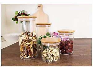 LỌ THỦY TINH NẮP GỖ  ĐỰNG GIA VỊ THỰC PHẨM KHÔ CAO CẤP 