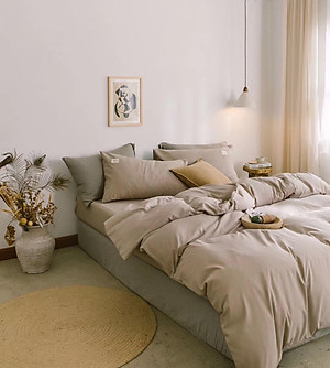 Bộ Chăn Ga Gối Cotton Tici Đơn Sắc LIDACO - Màu Be