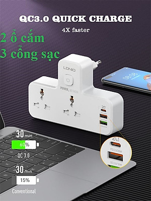 Ổ cắm đa năng 2500W hỗ trợ sạc nhanh QC18W PD20W LDNIO SC2311 _ Hàng chính hãng