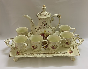 Bộ bình trà sứ phong cách hoàng gia cổ điển màu trắng ngà họa tiết hoa cúc - ANTH603