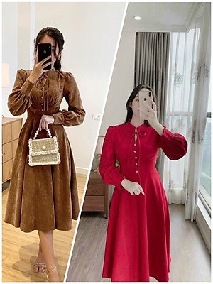Váy nhung đen/đỏ cổ tròn tay ngắn váy thu đông dáng xòe phối tay cúc ngọc  tiểu thư dự tiệc siêu xinh thiết kế Shop Xinh - Tìm Voucher