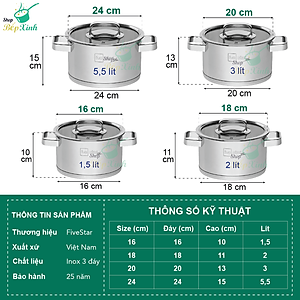 Nồi inox 304 Fivestar 3 đáy bếp từ nắp kính (16cm ), tặng 5 muỗng ăn