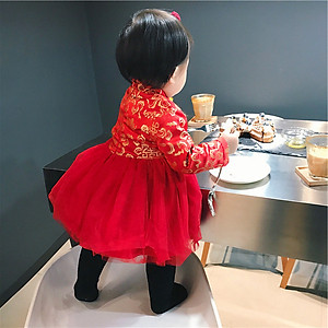 Váy gấm đỏ lót lông bé gái, chất dày dặn đẹp, họa tiết thêu nổi sang chảnh, lông lót mềm ấm, dáng bồng công chúa, có thể mặc sinh nhật, sự kiện, lễ Tết hay mẫu ảnh | MV04