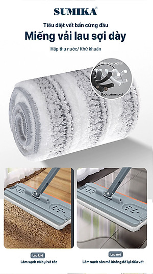 Bộ cây lau nhà SUMIKA C38, thùng lau nhà 2 ngăn tự vắt thông minh, chổi lau sàn nhà 360 độ, 2 bông lau, 1 móc treo cây lau sàn