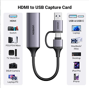 Cáp ghi hình HDMI Ugreen 25854 CM716 sang USB A/ USB C Hỗ trợ Capture 4K30Hz Output 1080P@60Hz - Hàng chính hãng