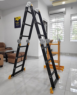 Thang nhôm gấp 4 đoạn Sumika SKM203 NEW (chữ A - 1.73m, chữ I - 3.58m), 14 tư thế sử dụng, tải trọng 150kg, sơn tĩnh điện, chống trầy xước, khóa chốt cao cấp, nhiều đế cao su chống trượt