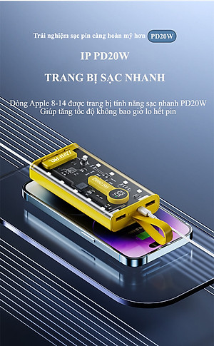 Sạc Dự Phòng trong suốt 30000mAh - sạc siêu nhanh, tích hợp 4 cáp, 2 cổng usb, sạc cùng lúc nhiều điện thoại - Hàng chính hãng