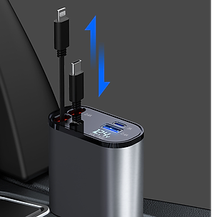 Tẩu Sạc Nhanh Xe Ô Tô TÍCH HỢP DÂY Sạc Type C, Lightning 100W | Hiển Thị Thông Số Sạc, Dây Rút Chống Rối, 4in1