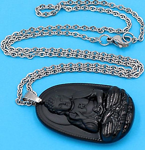 Vòng cổ mặt Phật A Di Đà - thạch anh đen 3.6cm DITTEB7 - dây inox bạc - kèm hộp nhung - tuổi Tuất, Hợi