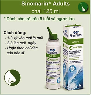 XỊT MŨI NƯỚC BIỂN SINOMARIN ADULS 125 ml, GIẢM CÁC TRIỆU CHỨNG NGHẸT MŨI
