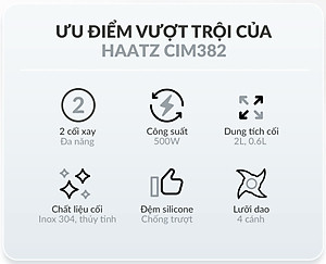 Máy Xay Thịt Haatz HMG168 (CIM382) - Cối inox 2,5L Cối Thủy Tinh 0,6L - 500W Kèm Phụ Kiện Đánh Ruốc - Hàng Chính Hãng Bảo Hành 2 Năm