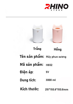 Máy phun sương tạo ẩm cỡ lớn Rhino H802 3000ml, 2 lõi phun, tích hợp đèn 7 màu, dung tích lớn cho không gian rộng - Hàng chính hãng