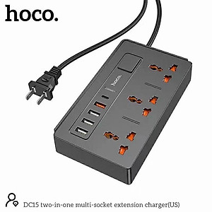 Ổ Cắm Điện Đa Năng 8IN1 ( 3 Chạc-4 Cổng usB-1TyPe C)- Bộ Cổng Chia Sạc Nhanh 18W Hoco DC15- Hàng Chính Hãng