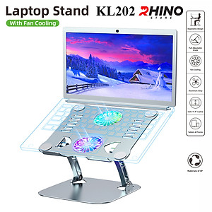 Kệ đỡ Laptop 2 quạt tản nhiệt Rhino KL202, giá đỡ máy tính nhôm cao cấp, gấp gọn - Hàng chính hãng