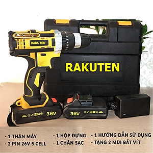 Bộ máy khoan pin RAKUTEN 36V  khoan tường, khoan sắt, khoan bê tông máy 2 pin, đảo chiều và mũi khoan