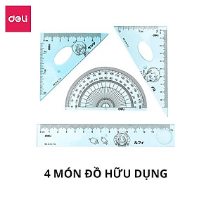 Bộ thước kẻ, thước đo độ, eke tam giác vuông học sinh Đảo Hải Tặc One Piece Deli - Bộ dụng cụ học tập 4 chiếc - Xanh hồng - EH17