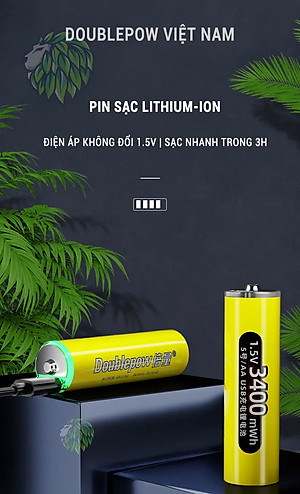 Pin sạc 1.5V AA 3400mWh Doublepow sạc trực tiếp bằng cổng USB, có sạc nhanh, dùng cho đồ chơi, điều khiển tivi. micro. Doublepow Rechargeable AA Lithium Batteries with USB Cable,1.5V AA Li-ion Battery,3400mWh High Capacity Double A Battery. Hàng Nhập Khẩu