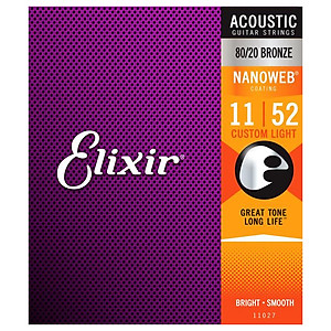 Elixir 11027 - Dây Đàn Acoustic Guitar Cỡ 11 (.011-.052) - 80/20 Bronze Strings Custom Light - Phân Phối Chính Hãng (Bộ Dây phủ lớp Nanoweb cao cấp) - Kèm Móng Gảy DreamMaker