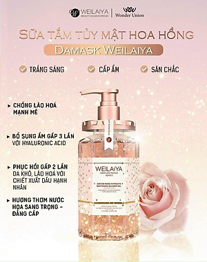 Combo 2 chai Sữa tắm trắng da cánh hoa hồng Damask Weilaiya Grand Rose Extracts Whitening Shower Gel 450ml tặng 1 Bông tắm Weilaiya