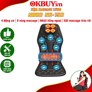 Nệm (đệm) massage ô tô cao cấp Nikio NK-150 - Con lăn 3D xoa bóp cổ vai gáy, kết hợp nhiệt nóng sưởi ấm lưng, cổ và rung toàn thân tạo cảm giác thư giản, túi khí nâng đỡ cột sống lưng