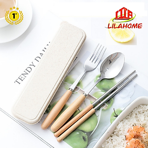 Bộ Đũa Muỗng Nĩa Inox Cán Gỗ Kèm Hộp Đựng Bằng Lúa Mạch Sang Trọng Thanh Lịch - Chính Hãng