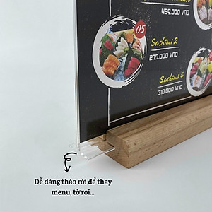 Kệ mica 2 mặt Enter E42 150x210mm đế gỗ A5 đứng, Kệ menu nhà hàng, Standee mica để bàn, Bảng quét mã QR Code