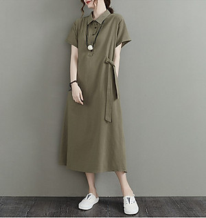 Đầm sơ mi nữ form rộng dáng dài có dây thắt nơ sườn phong cách vintage Hàn Quốc da61