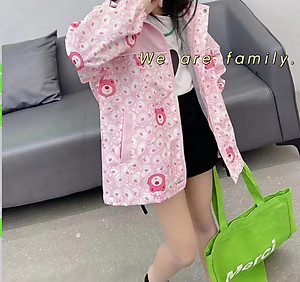 Áo khoác gió cho bé gái size đại, Áo gió trẻ em 5-12 tuổi phối màu và hình Gấu cao cấp lót cotton hàng Quảng Châu