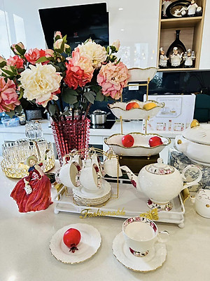 BỘ ẤM CHÉN PHA TRÀ  KÈM ĐẾ CHÂM NẾN  SỨ HÂM NÓNG MÀU TRẮNG VIỀN VÀNG CAO CẤP CAMELIA - ANTH451