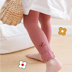 Quần tất len không bàn - quần leggings đính nơ trơn màu cho bé gái, co giãn 4 chiều size từ 1 đến 12 tuổi