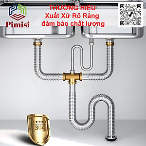 Xi Phông Chậu Rửa Bát 2 Hố Pimisi PXP-31-2 Inox Cao Cấp Kiểu Chun Uốn - Kim Loại Bẻ Cong Được, Thoát Nước Nhanh, Dùng Để Xả Thải Nước Bồn Rửa Chén 2 Hộc Thu 110 Inox 304, Chống Mùi Hôi Và Côn Trùng Gián, Chuột Cắn Phá - Có Đầu Thoát Tràn | Hàng Chính Hãng