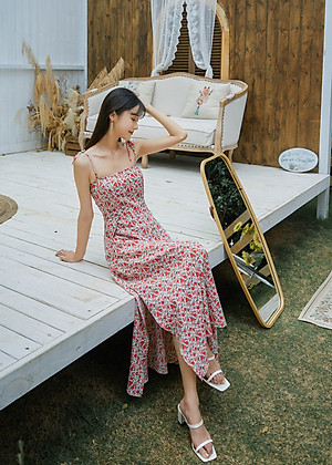 Đầm maxi xẻ tà dàng dài, họa tiết hoa nhí màu đẹp, chất voan tơ cao cấp, váy 2 kiểu mặc: 2 dây và vai trần | MX056