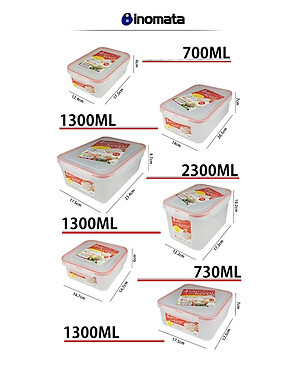 Bộ 06 hộp thực phẩm inomata (700ml, 1300ml, 2300ml, 1300ml, 730ml, 1300ml) có khóa nắp 4 chiều - hàng nội địa Nhật Bản 