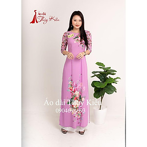 Áo dài Thúy Kiều in 3D lụa Nhật màu tím nhạt hoa hồng K14