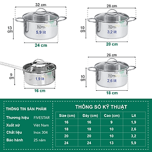 Bộ Nồi Inox 304  bếp từ 3 lớp đáy liền 4 món nắp kính Fivestar tặng 2 muỗng canh