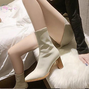 Giày Bốt Nữ Da Bóng Trắng Đen Ôm Chân Đẹp Gót 7 Phân Cổ cao Mũi Nhọn Không Có Khóa