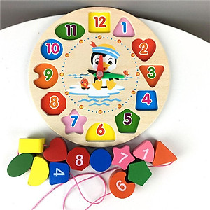 Đồng hồ Gỗ xếp hình học xỏ dây cho bé học đếm giờ phân biệt màu sắc hình khối - Xâu chuỗi hạt bằng gỗ