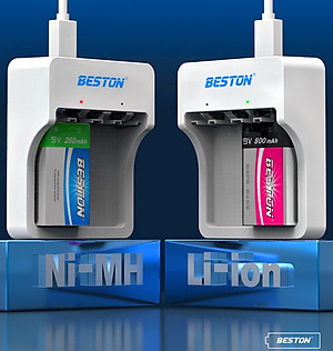 Bộ sạc pin 9V BESTON M7023L kèm 2 pin vuông sạc dung lượng cao 1000mAh - Sạc nhanh, tự ngắt khi đầy, đèn báo thông minh dùng cho micro, đồng hồ vạn năng, đồ chơi - Hàng nhập khẩu