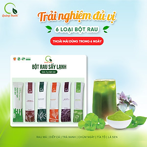 Bột rau tiện lợi Quảng Thanh - 6 vị với 6 loại bột rau nguyên chất, bổ sung dưỡng chất, thanh lọc cơ thể (Rau Má - Diếp Cá - Tía Tô - Lá Sen - Trà Xanh - Chùm Ngây)