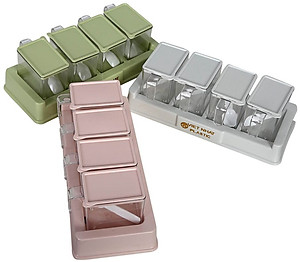 Bộ 4 lọ gia vị có thìa muỗng nhựa Việt Nhật - Hũ đựng gia vị có nắp đậy, có khay đế (Màu ngẫu nhiên)