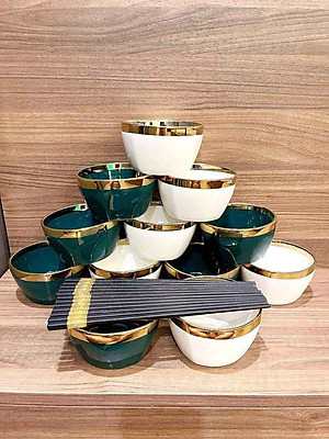 Bộ 6 Bát Sứ Màu Xanh-Trắng Viền Mạ Vàng Cao Cấp- Tặng Kèm Đũa Phong Cách Nhật- Hàng Chính Hãng MINIIN