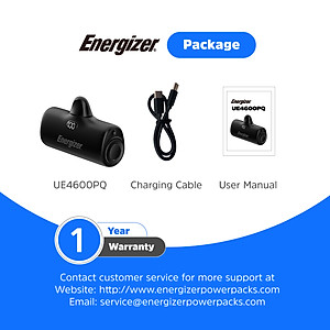 Sạc dự phòng Energizer 4,600mAh 3.6V Li-ion UE4600PQBK,Sạc nhanh PD 22.5W, bảo hành 24 tháng 1 đổi 1 - Hàng chính hãng